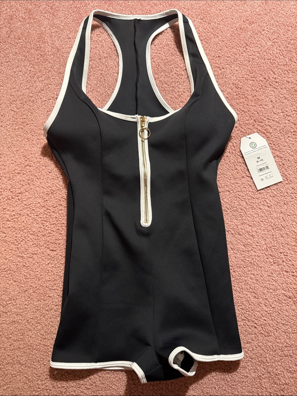 Time and Tru Black One-Piece Swim Romper with White Trim and Gold Zipper